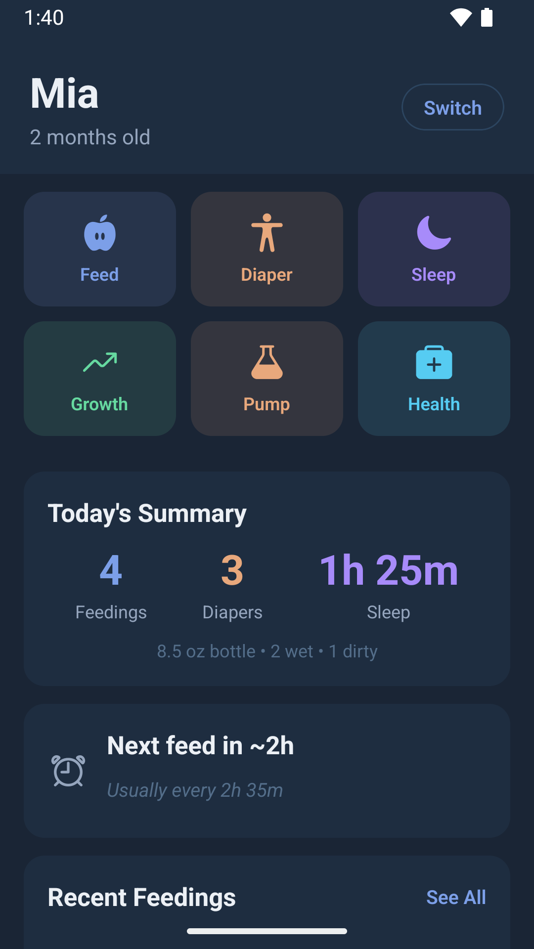 BabyLog running on an Android phone
