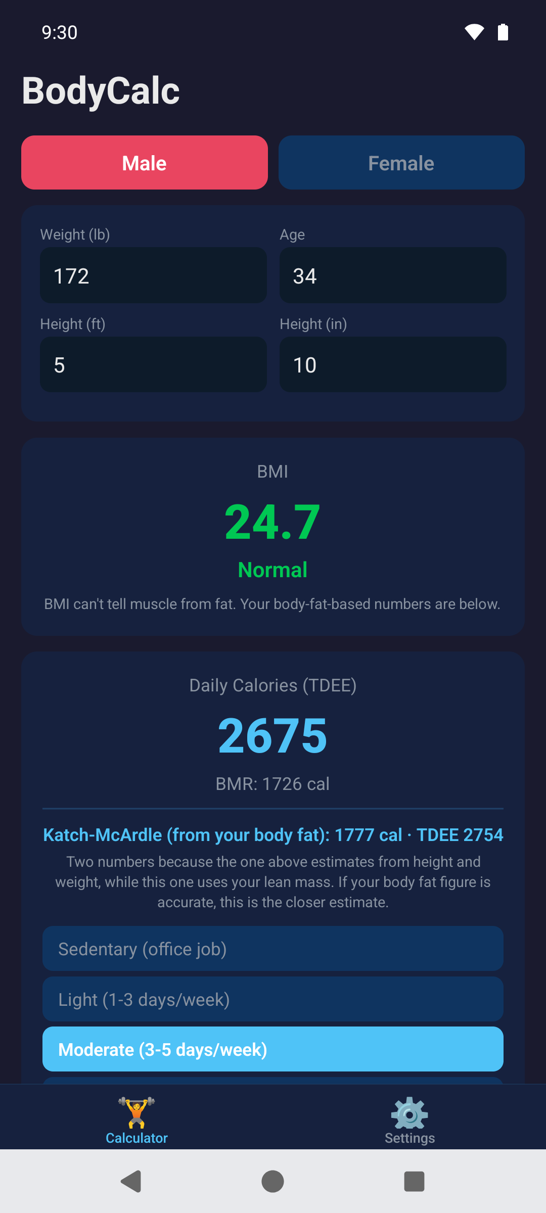 BodyCalc running on an Android phone