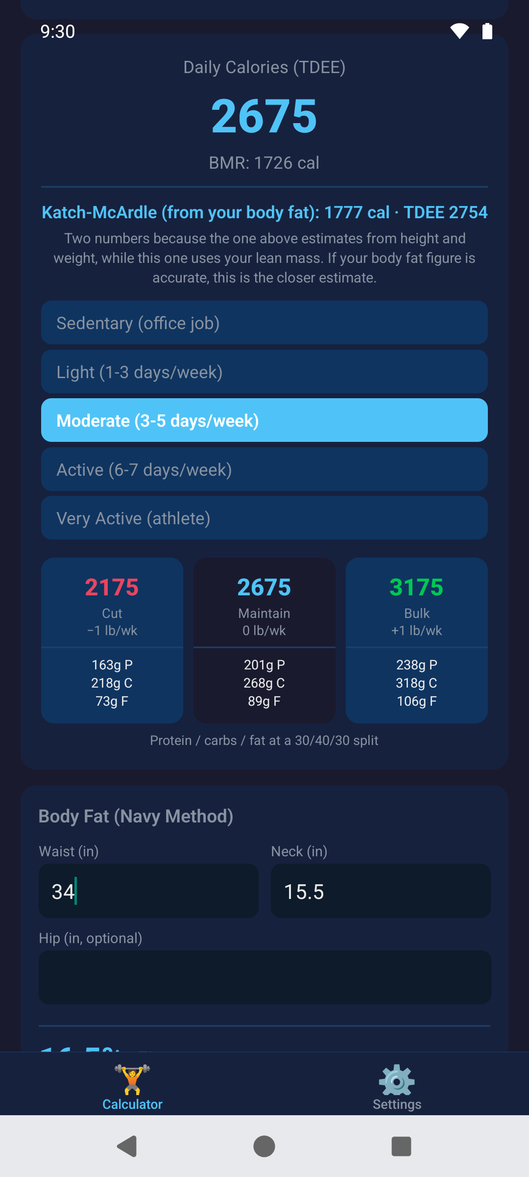 BodyCalc screen 2
