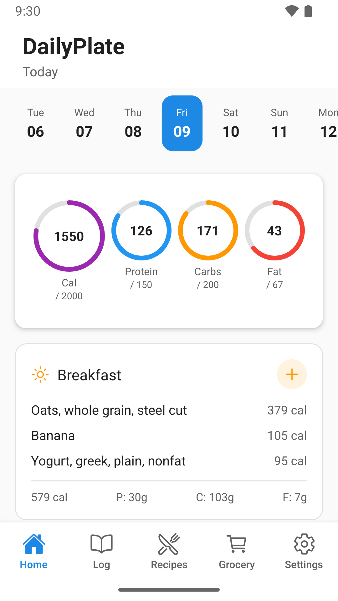 DailyPlate running on an Android phone