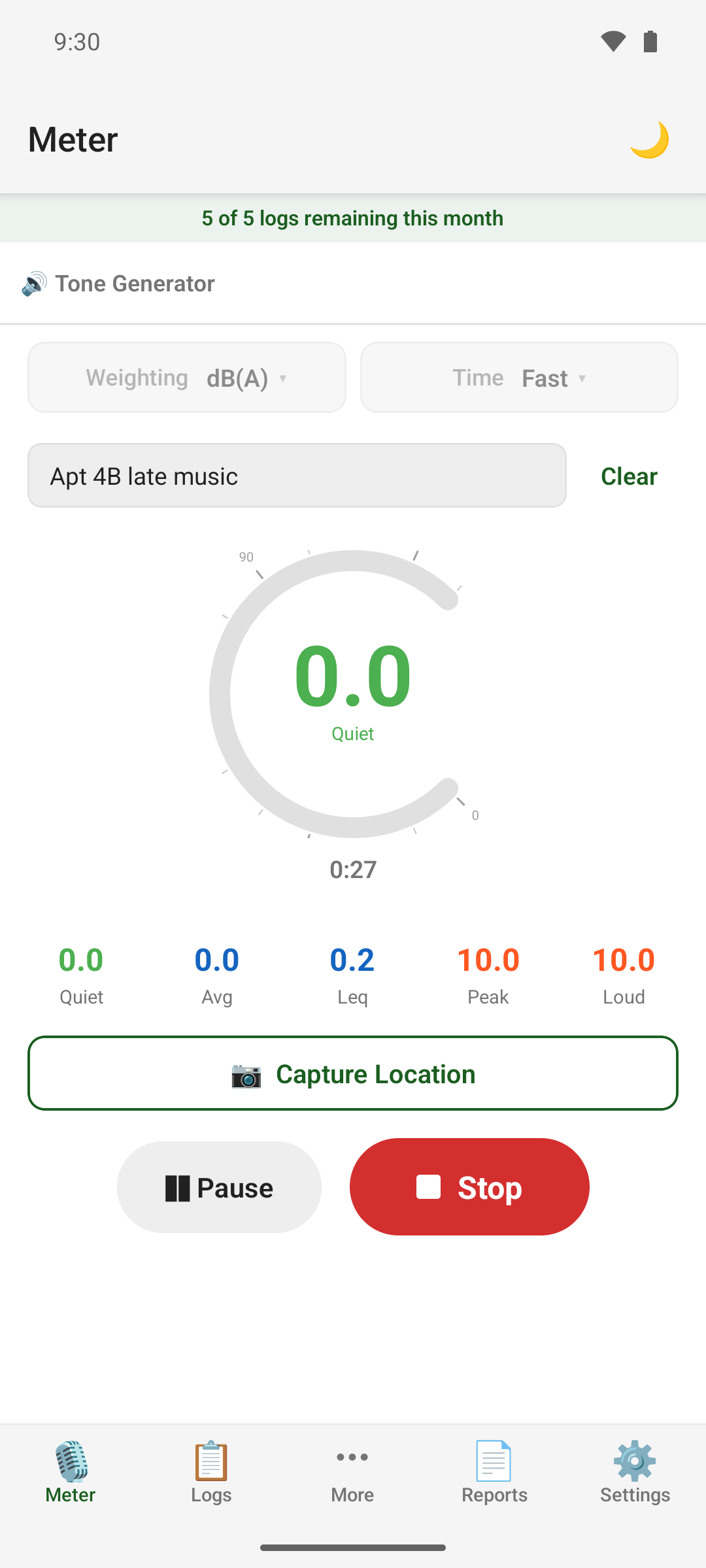 dBLog running on an Android phone