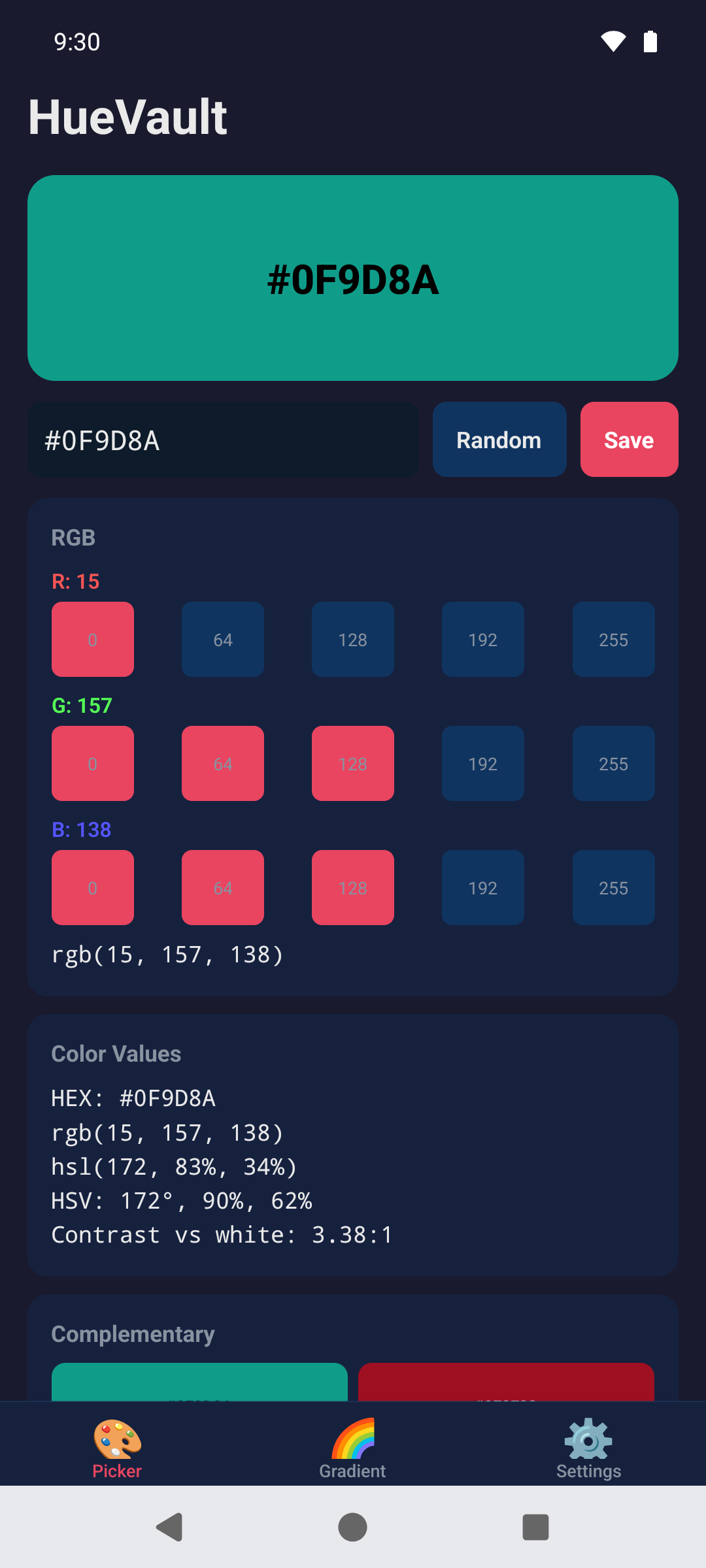 HueVault running on an Android phone