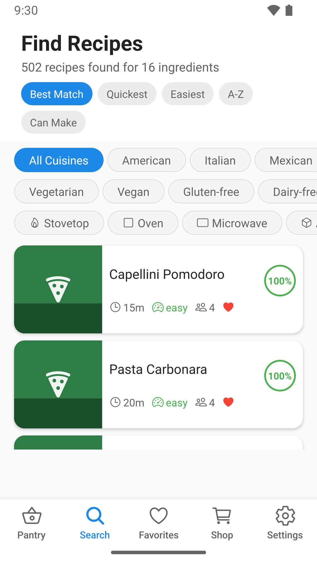 PantryChef running on an Android phone