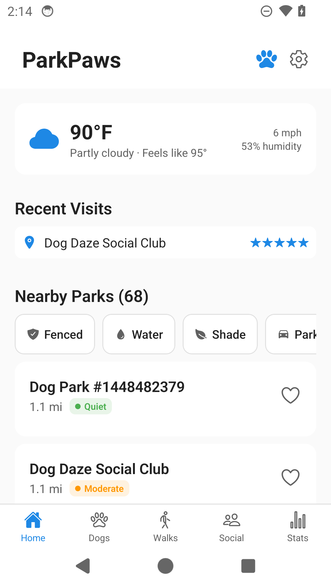 ParkPaws running on an Android phone