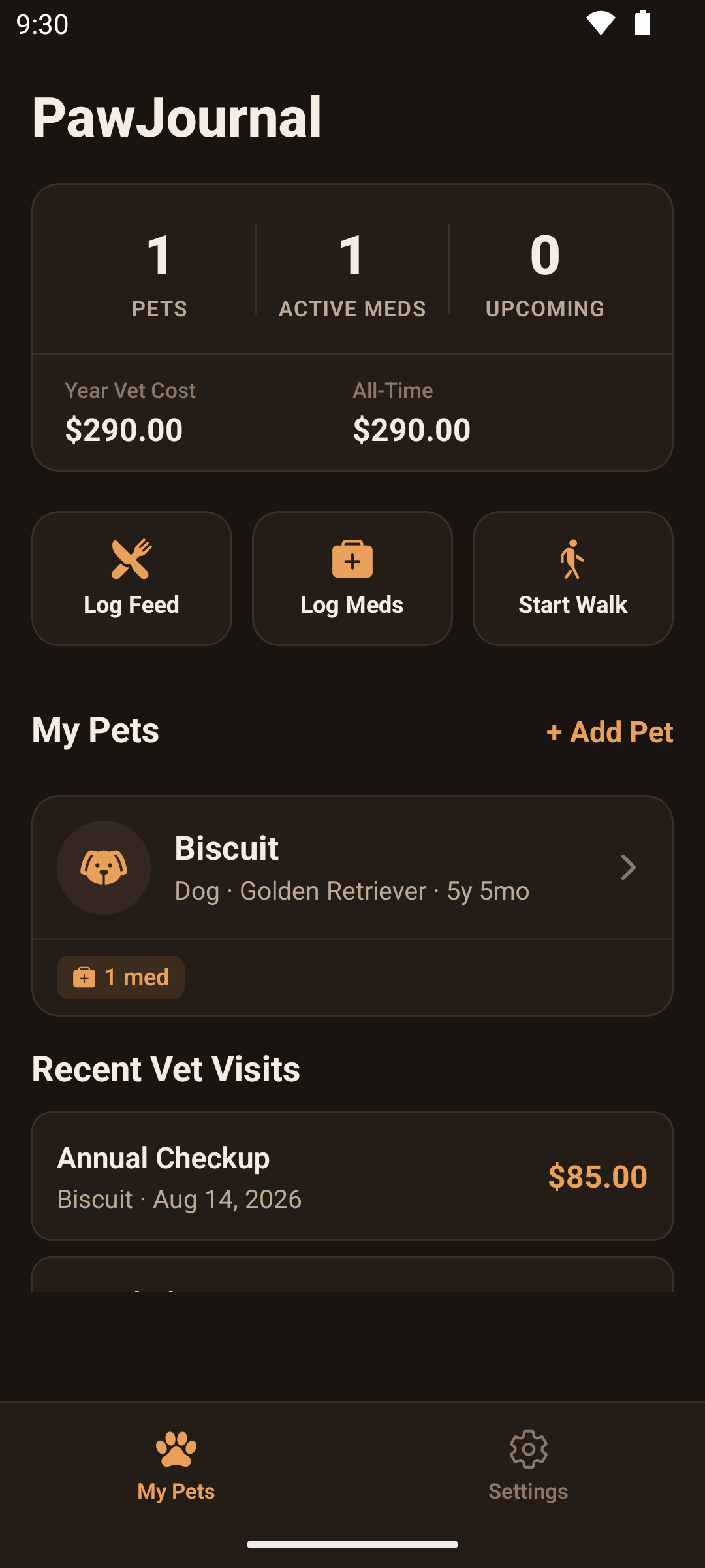 PawJournal running on an Android phone