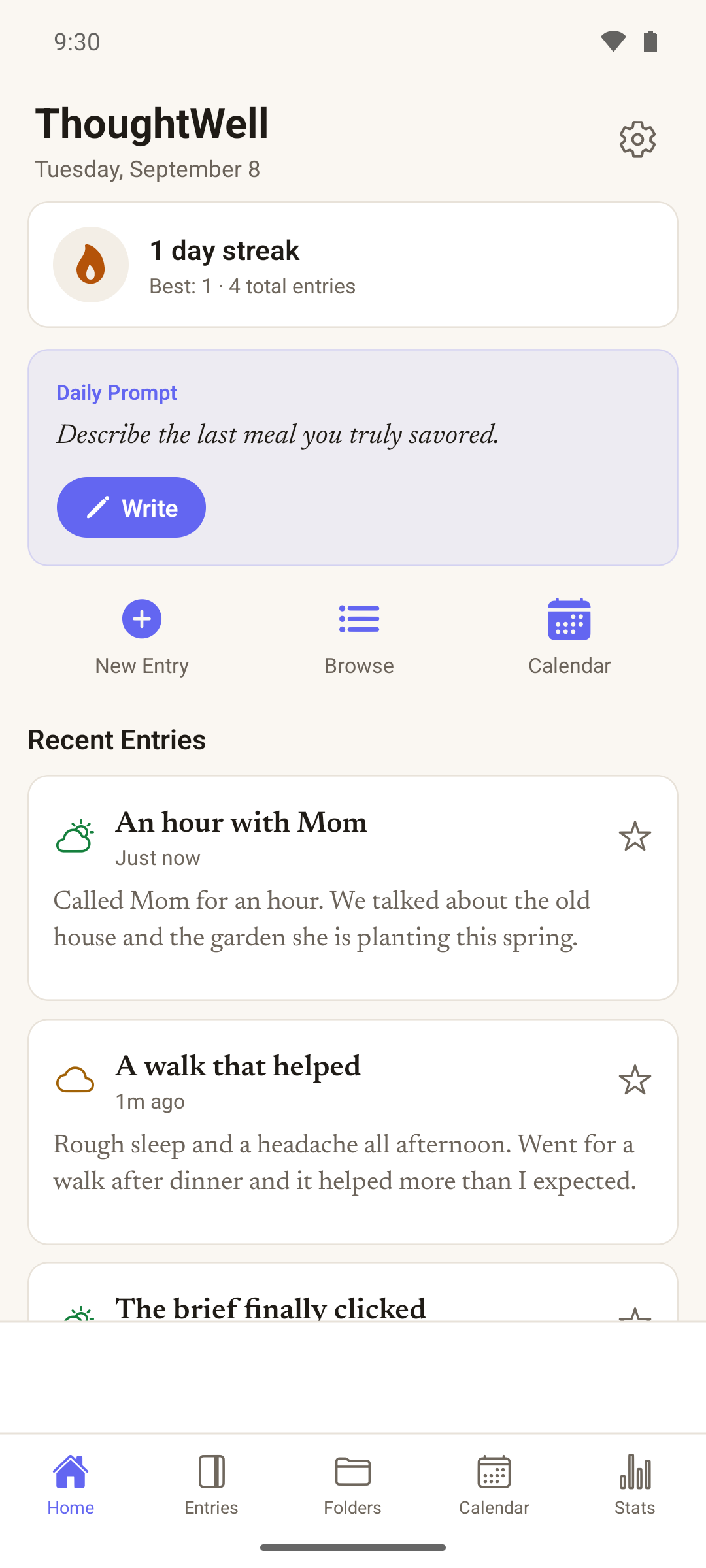ThoughtWell running on an Android phone